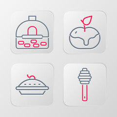 Poster - Set line Honey dipper stick, Homemade pie, Apple in caramel and Brick stove icon. Vector