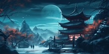 AI Generated. Asian Chinese Cartoon Style Blue Colors Pagoda Temple Tower Landscape. AI Generative. Graphic Art