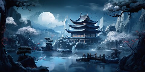 Wall Mural - AI Generated. Asian chinese cartoon style blue colors pagoda temple tower landscape. AI Generative. Graphic Art