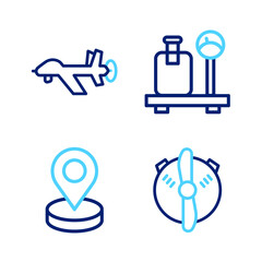 Poster - Set line Plane propeller, Location, Scale with suitcase and UAV Drone icon. Vector