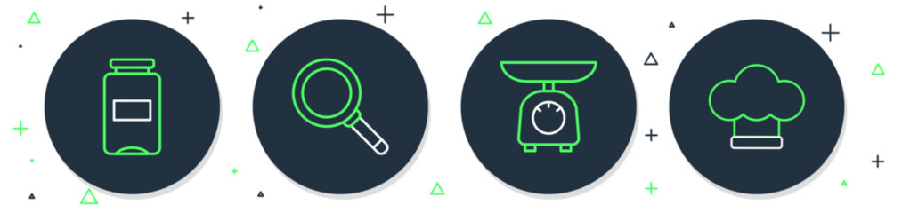 Sticker - Set line Frying pan, Scales, Jam jar and Chef hat icon. Vector