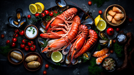 Gourmet Delicious Seafood plate Shrimp lobster and sea fruits 