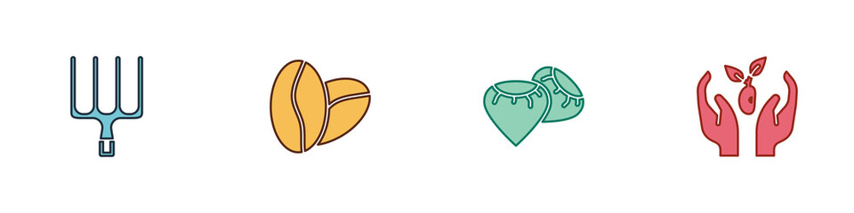 Sticker - Set Garden pitchfork, Coffee beans, Seed and Plant in hand icon. Vector