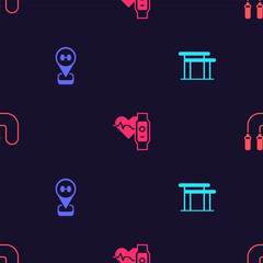 Sticker - Set Uneven bars, Location gym, Smart watch with heart and Jump rope on seamless pattern. Vector