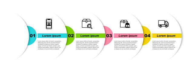 Sticker - Set line Mobile with app tracking, Search package, Cargo ship boxes and Delivery cargo truck vehicle. Business infographic template. Vector