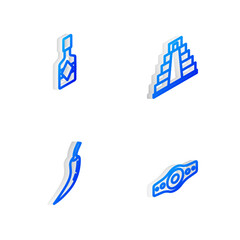 Sticker - Set Isometric line Chichen Itza in Mayan, Tabasco sauce, Hot chili pepper pod and Wrestling championship belt icon. Vector