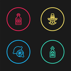 Sticker - Set line Lime, Tequila bottle, Mexican man sombrero and icon. Vector