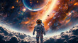 Scene of an astronaut standing on an unknown icy planet with a breathtaking landscape. The astronaut is wearing a futuristic space suit with a helmet. Generative Ai