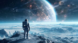 Fototapeta  - Scene of an astronaut standing on an unknown icy planet with a breathtaking landscape. The astronaut is wearing a futuristic space suit with a helmet. Generative Ai
