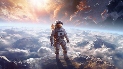 Wall Mural - scene of an astronaut standing on an unknown icy planet with a breathtaking landscape. the astronaut