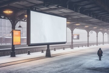 An empty blank billboard or advertising poster in a train station with blurred people. Generative ai