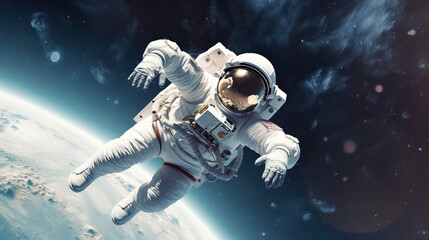 Wall Mural - futuristic astronaut in an open space environment with planet earth in the background. the astronaut