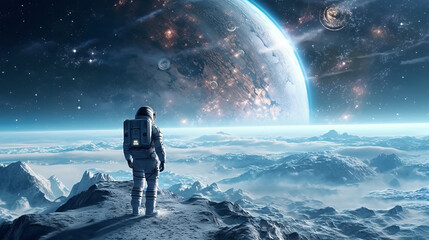 scene of an astronaut standing on an unknown icy planet with a breathtaking landscape. the astronaut