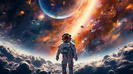 Wall Mural - scene of an astronaut standing on an unknown icy planet with a breathtaking landscape. the astronaut