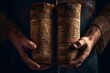 A close-up shot of a pair of hands holding a Torah scroll with a rich, textured background, evoking a sense of reverence and tradition.Generative AI