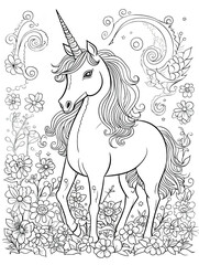 Sticker - black and white coloring book page unicorn Generative AI