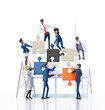 Business people working with big puzzle pieces. Business people sitting on chairs and talking. 3D rendering illustration