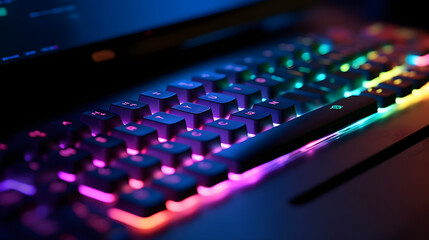 working on a neon computer keyboard with colored backlighting. computer video games, hacking, techno