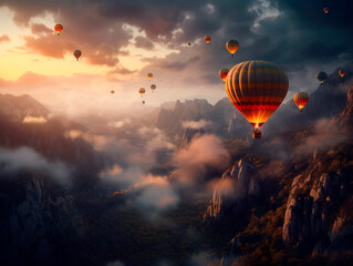 Hot air balloons at sunset. Travel tourism freedom trip and adventure concept. Generative Ai technology.
