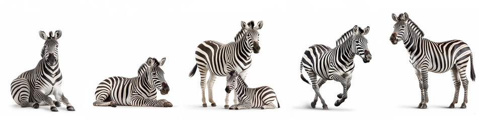 Wall Mural - Wildlife zoo safari africa zebras animals banner panorama long - Collection of standing, sitting, lying group of zebra (hippotigris) family with young baby, isolated on white background, Generative Ai