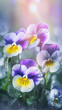 Blooming pansies flowers with drops of water close-up background. Summer wallpaper. Ai generated