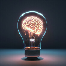 Light Bulb With A Glowing Brain Inside Represents The Potential For Innovative Thinking And The Power Of Intelligence. This Image Is Perfect For Showcasing The Concept Of Vision. AI Generative