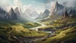 High Peaks and Vales: A Fantasy Mountain Landscape with a Majestic View: Generative AI