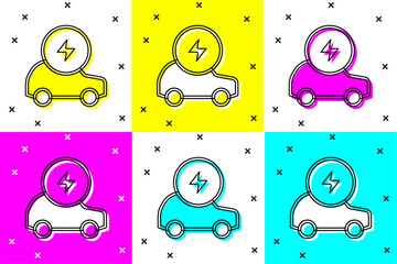 Wall Mural - Set Electric car and electrical cable plug charging icon isolated on color background. Renewable eco technologies. Vector