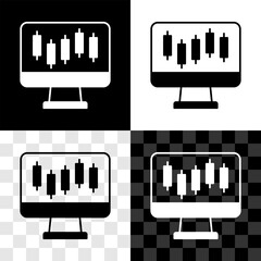 Sticker - Set Computer with stocks market growth graphs and money icon isolated on black and white, transparent background. Monitor with stock charts arrow on screen. Vector