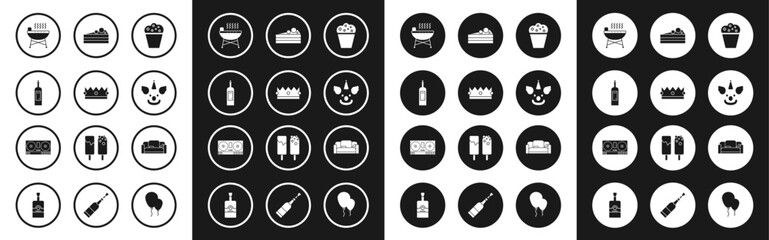 Wall Mural - Set Popcorn in cardboard box, Crown, Bottle of wine, Barbecue grill, Clown head, Cake, Sofa and DJ remote for playing and mixing music icon. Vector