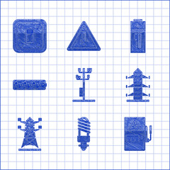 Sticker - Set High voltage power pole line, LED light bulb, Electrical panel, extension cord, Battery and switch icon. Vector