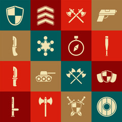 Wall Mural - Set Round wooden shield, Shield, Baseball bat, Crossed medieval axes, Police badge, Military knife, and Compass icon. Vector