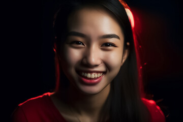 Wall Mural - The beautiful and radiant smile of a Japanese teenage girl is highlighted in this portrait, with the use of a bold and vivid red theme in the background. generative AI