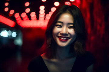 Wall Mural - The beautiful and radiant smile of a Japanese teenage girl is highlighted in this portrait, with the use of a bold and vivid red theme in the background. generative AI