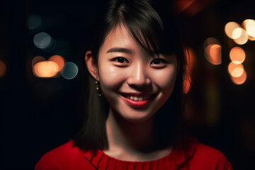 Wall Mural - The beautiful and radiant smile of a Japanese teenage girl is highlighted in this portrait, with the use of a bold and vivid red theme in the background. generative AI