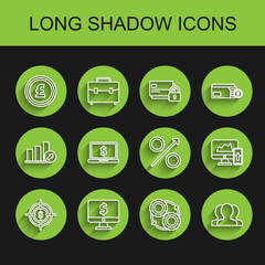 Sticker - Set line Target with dollar symbol, Gear and arrows as workflow process concept, Users group, Laptop, Financial chart graph the computer mobile phone and Percent icon. Vector