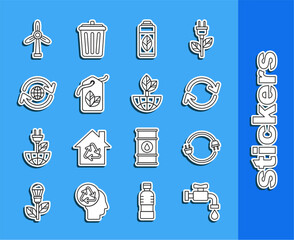 Poster - Set line Water tap, Electric plug, Refresh, Recycling plastic bottle, Tag with leaf symbol, Planet earth and recycling, Wind turbine and Earth globe icon. Vector