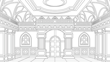 Vector illustration, royal ballroom, book coloring.