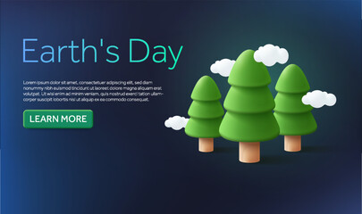  3d pine trees with flying clouds isolated on background. Banner design concept with text and call to action for Earth's day, environment, nature, landmark. 3d vector illustration. Vector illustration