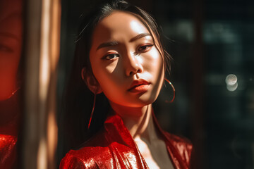 Wall Mural - With bold lighting casting deep shadows, a confident Asian woman stands before a vivid red background, exuding strength and power in her confident pose. generative AI.