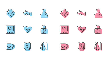 Poster - Set line Coffee cup and heart, Suit, Necklace on mannequin, Violin, Broken or divorce, Lock, Photo frames hearts and Wedding rings hand icon. Vector