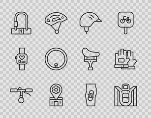 Wall Mural - Set line Bicycle handlebar, Hiking backpack, helmet, repair service, lock, wheel, Plaster on leg and Gloves icon. Vector