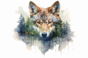 Naklejka na meble Portrait of wolf double exposure with forest watercolor Generative AI Generative AI