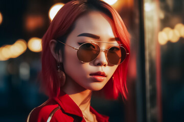 Wall Mural - With her red hair and trendy sunglasses, this Asian girl looks effortlessly chic as she stands outdoors and gazes confidently at the camera. generative AI..