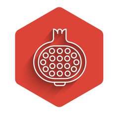 Sticker - White line Pomegranate icon isolated with long shadow. Garnet fruit. Red hexagon button. Vector