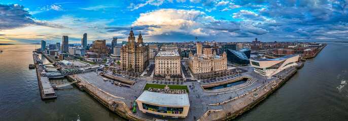 Wall Mural - Aerial view of Liverpool waterfront ready for Europvision song contest 2023, England