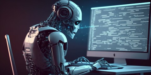 Wall Mural - artificial intelligence robot using computer software for gpt binary coding. distinct generative ai 