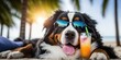 Bernese Mountain Dog dog is on summer vacation at seaside resort and relaxing rest on summer beach of Hawaii Generative AI