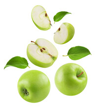 Apples Isolated. Levitation Of Ripe Green Apples, Apple Halves And Slices On A Transparent Background.