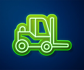 Poster - Glowing neon line Forklift truck icon isolated on blue background. Fork loader and cardboard box. Cargo delivery, shipping, transportation. Vector